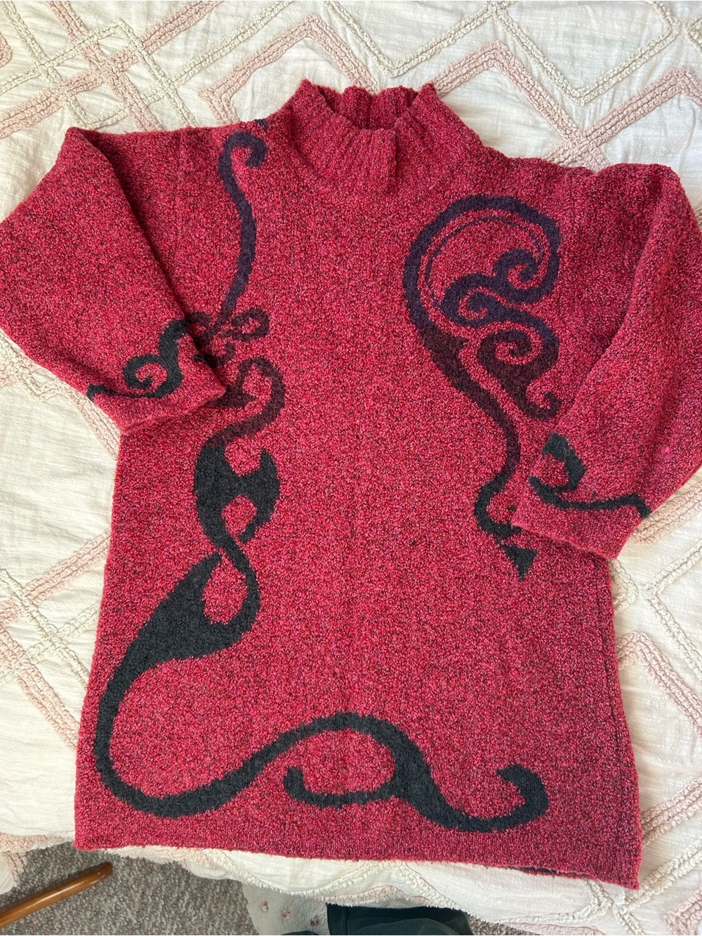 Women's Red Patterned Turtleneck Sweater with Black Swirl Design